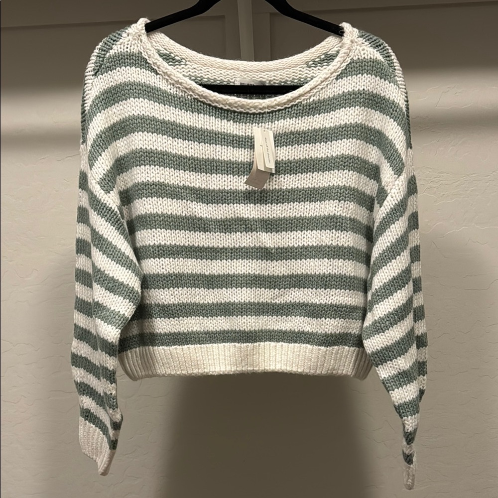 Hollister Striped Olive Green and White Women's Sweater